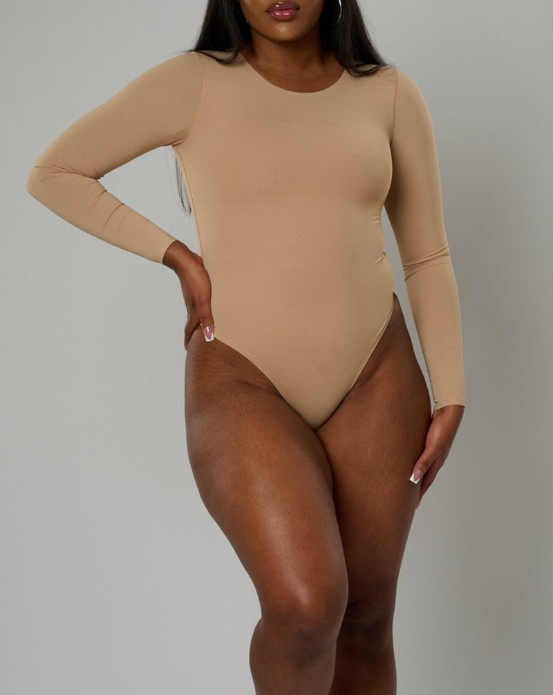 Nadia Long Sleeve Crew Neck Bodysuit - Sand – Fem Curves